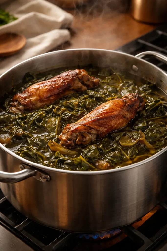8 Southern Collard Green Recipes for Dinner 4 Collard greens with smoked turkey wings cooking in a pot