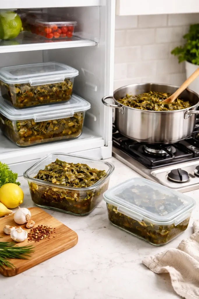 8 Southern Collard Green Recipes for Dinner 12 Glass containers of collard greens in the fridge with a reheating pot
