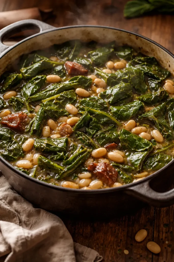 8 Southern Collard Green Recipes for Dinner 7 Close-up of collard greens with white beans in a rustic pot