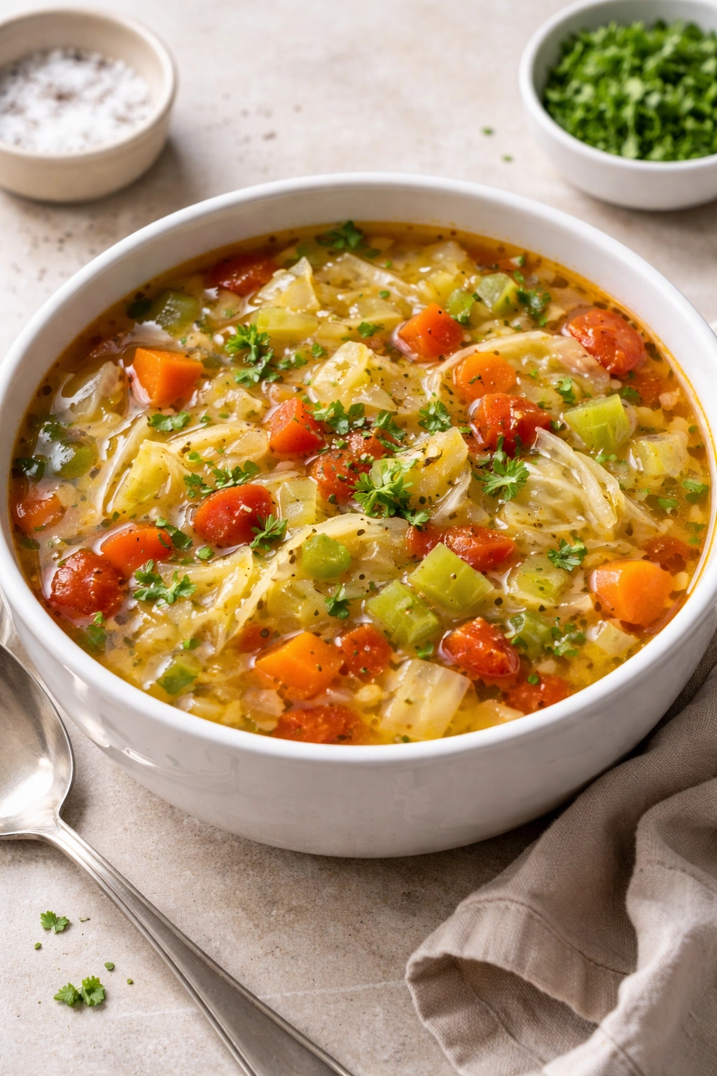Perfectly cooked cabbage soup in a bowl, demonstrating best results