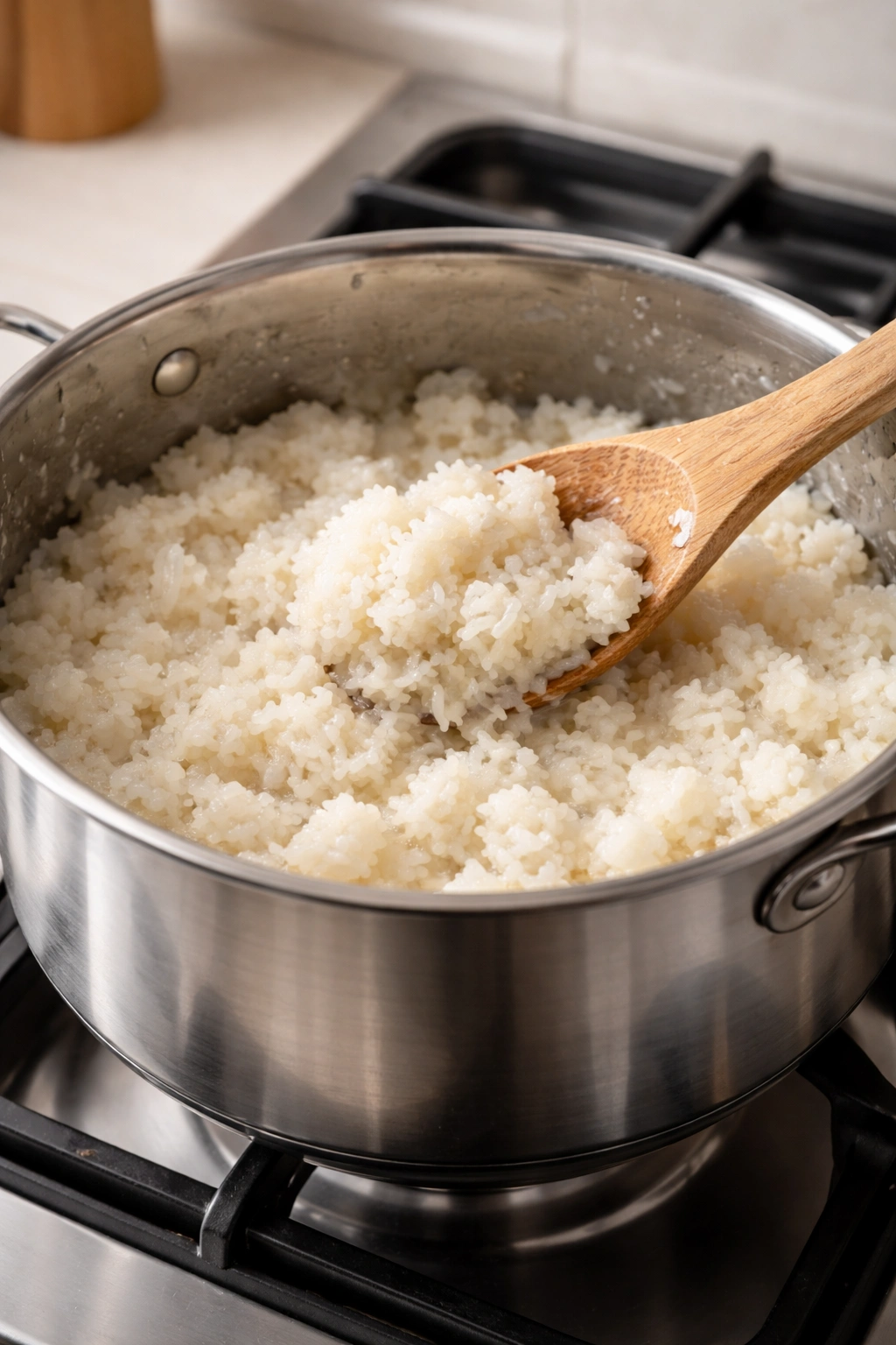 Mushy, clumpy rice in a pot illustrating common mistakes