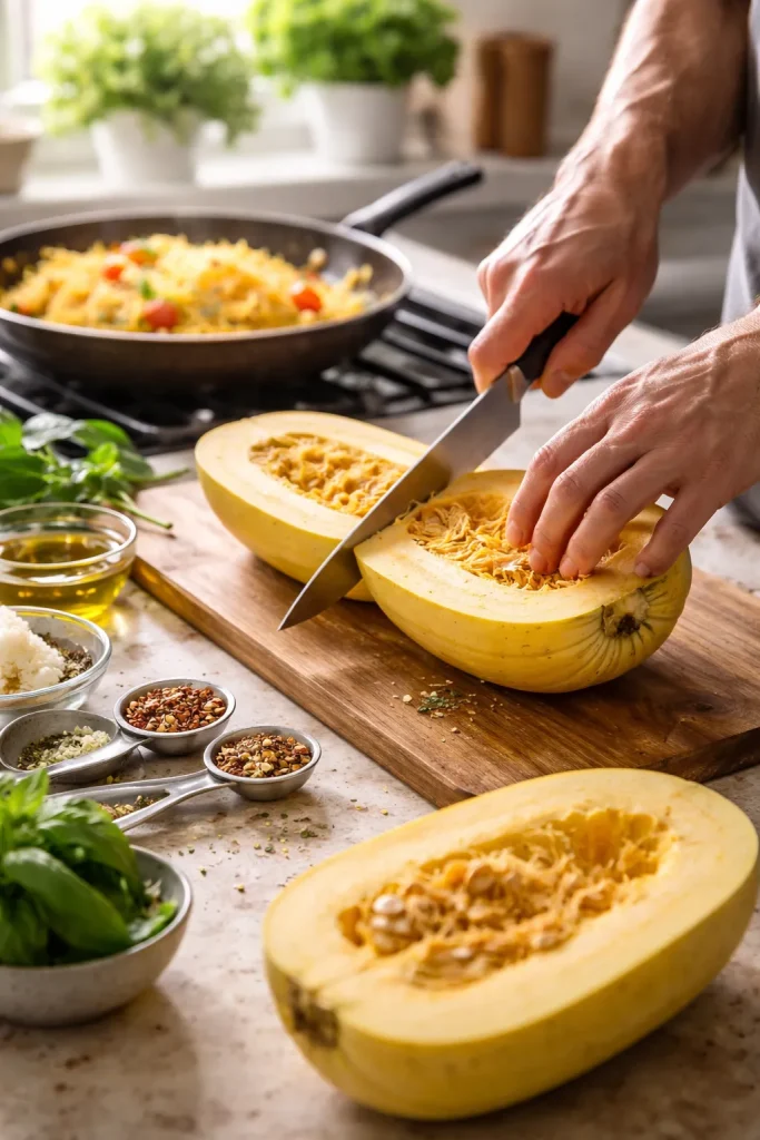 Hands and tools demonstrating cooking technique in a bright kitchen