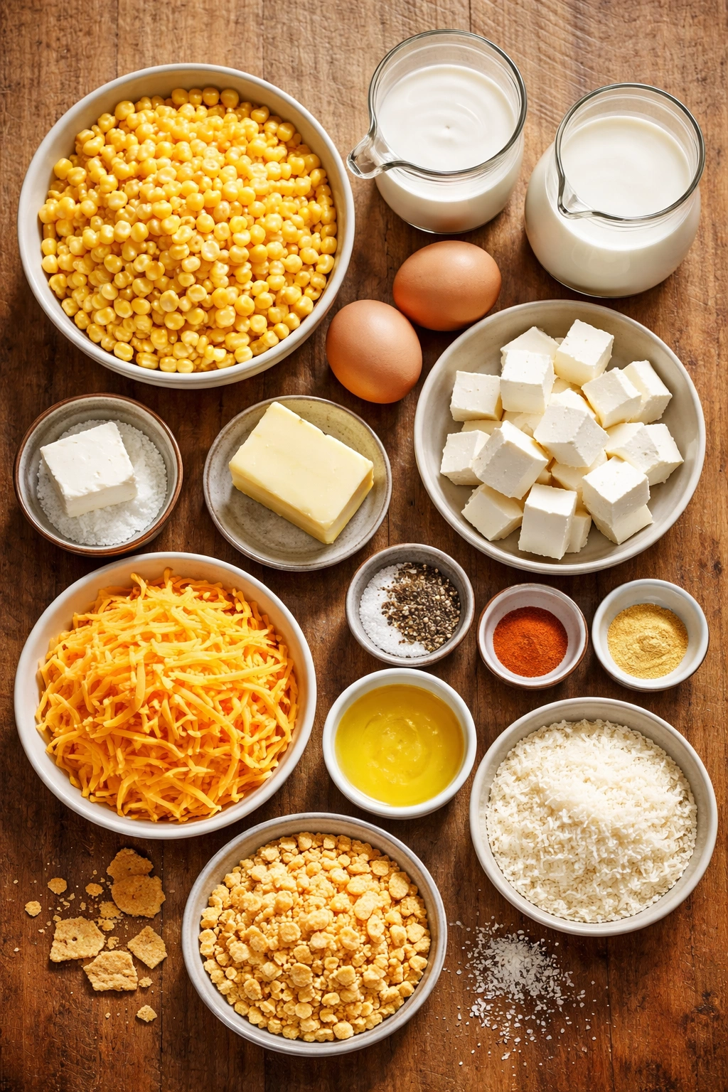 Assorted ingredients for corn casserole arranged on a wooden surface