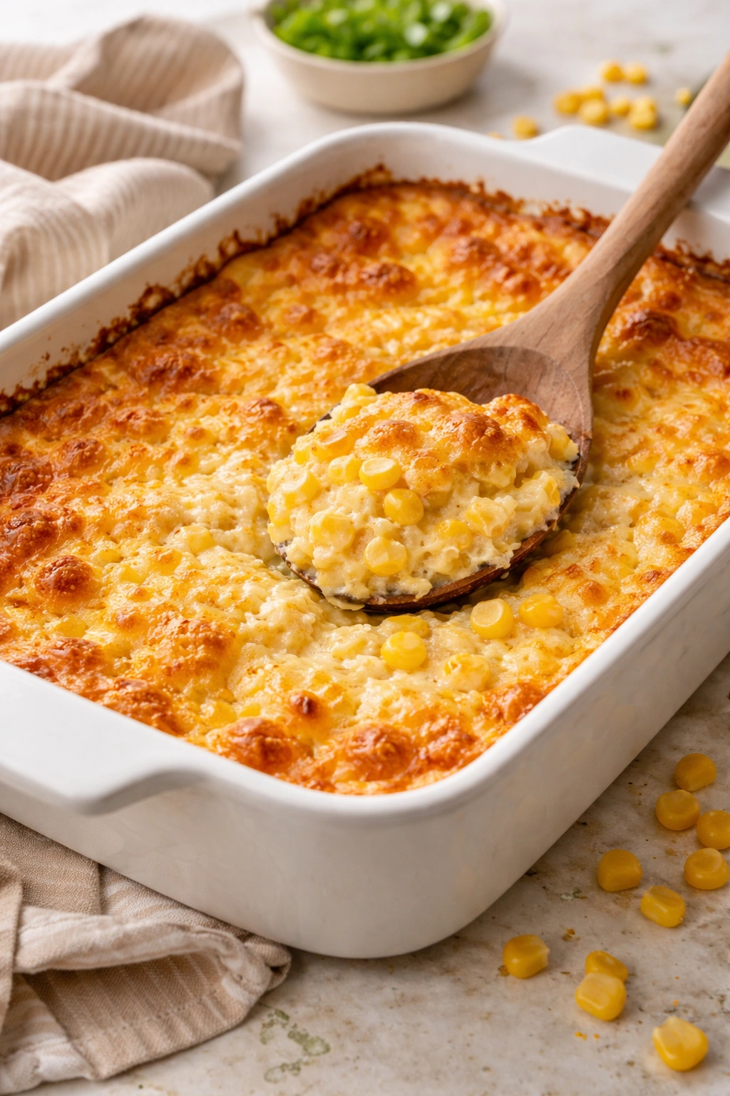 Creamy corn casserole with golden crust in baking dish