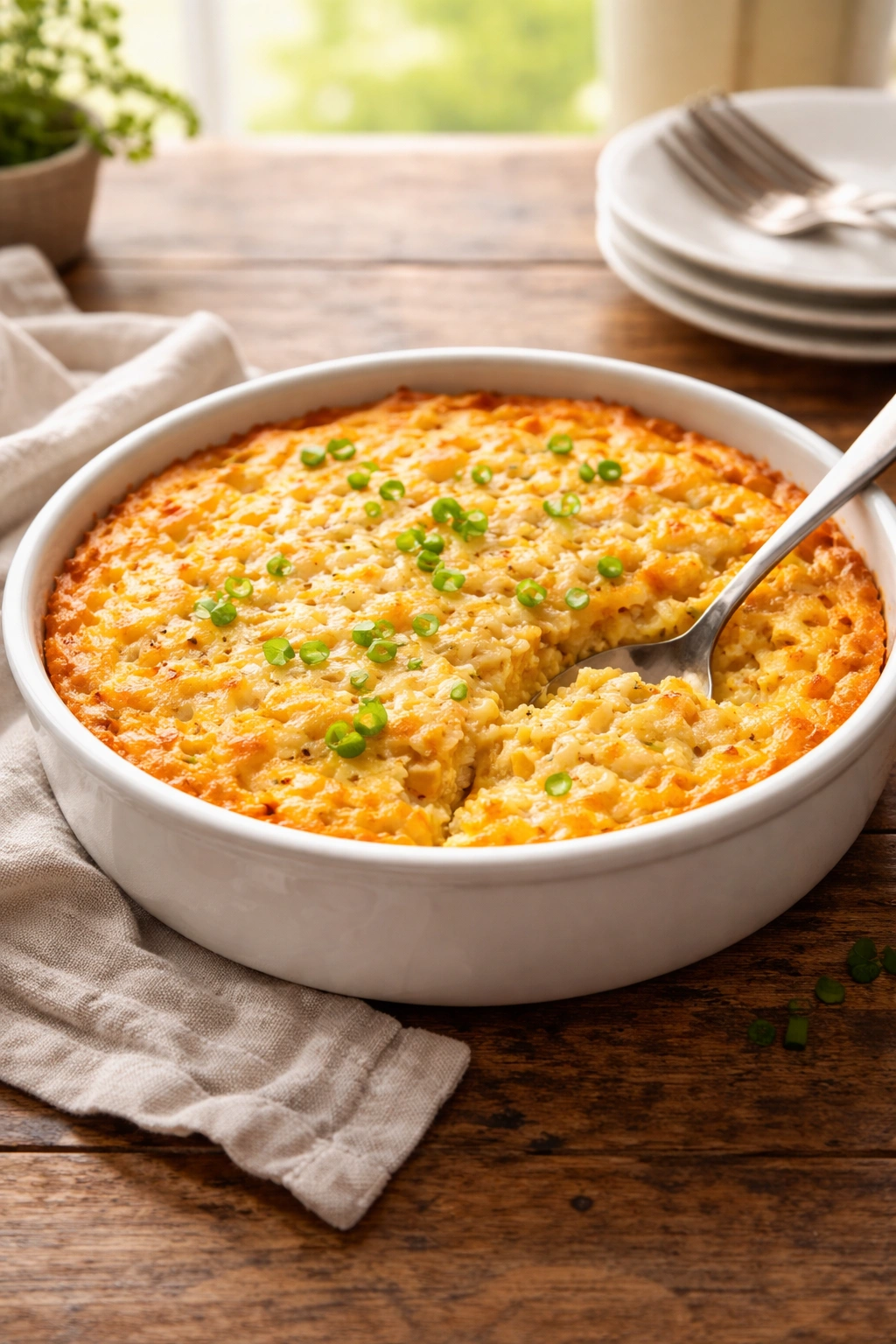 Creamy corn casserole presented on a rustic table, ready to serve