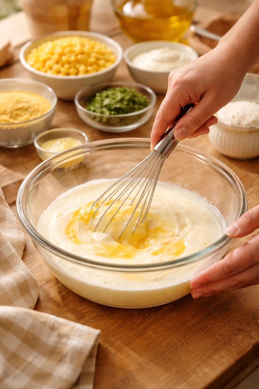 Hands whisking egg mixture in a bowl for corn casserole