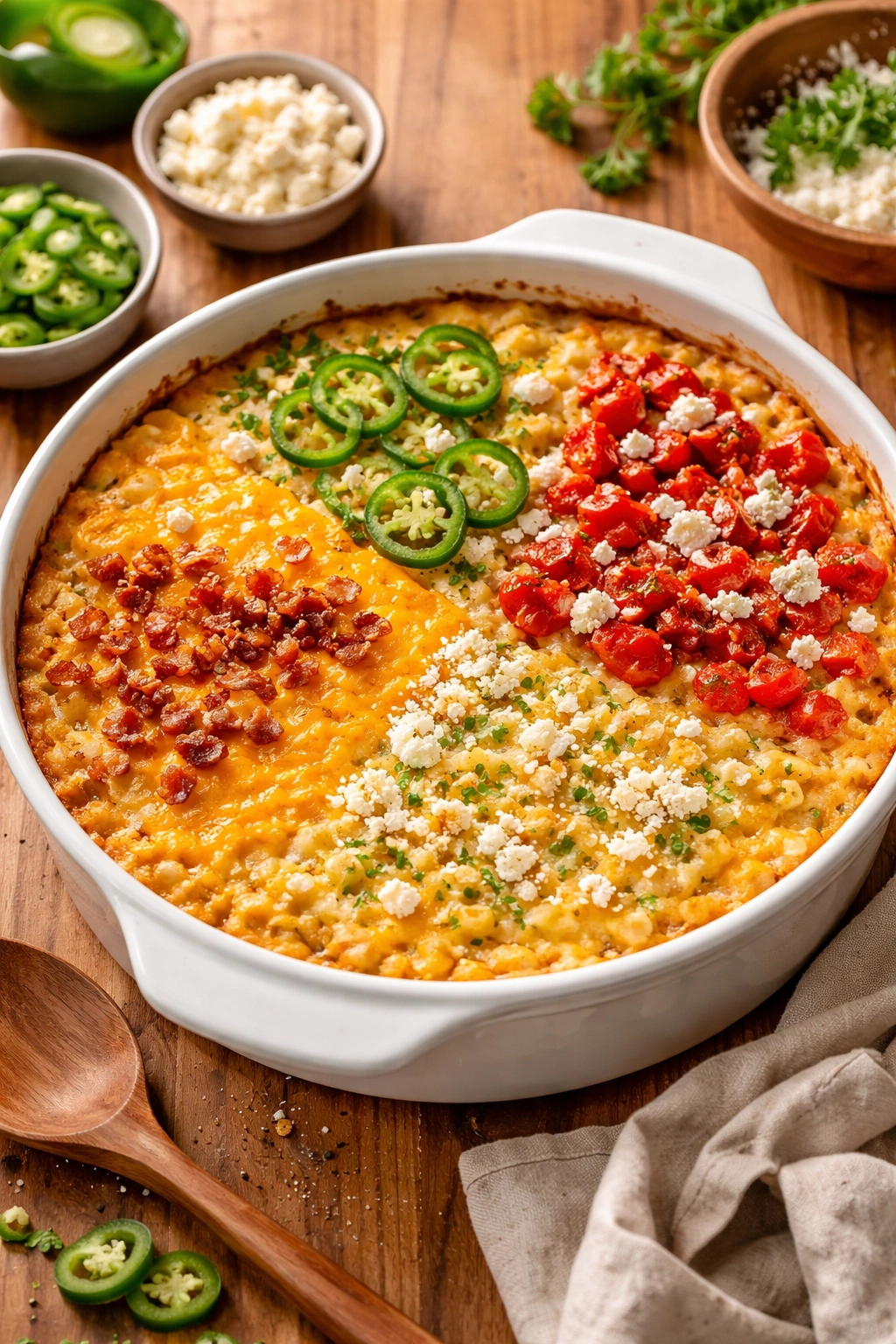 Close-up of creamy corn casserole with three topping variations: cheddar cotija, jalapeño, and feta with peppers