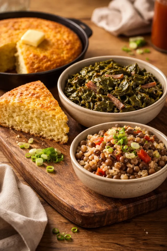 8 Southern Collard Green Recipes for Dinner 11 Rustic board with cornbread and hoppin' John as Southern sides