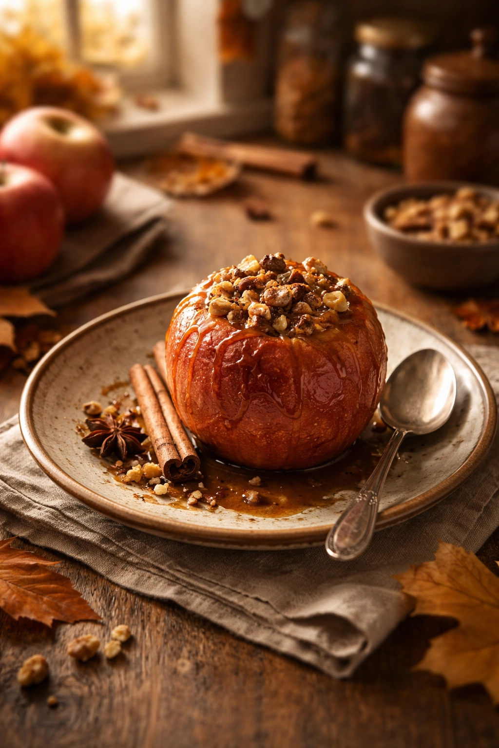 Cozy autumn kitchen scene with a baked apple on a plate