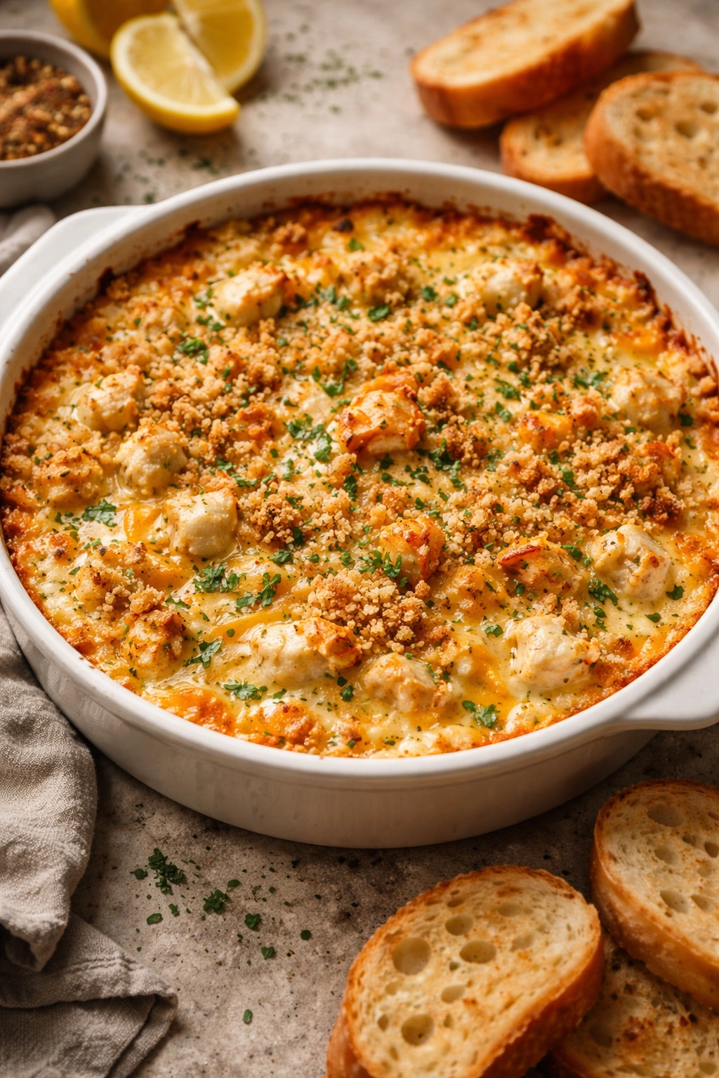 Golden baked crab and cream cheese dip in a round dish