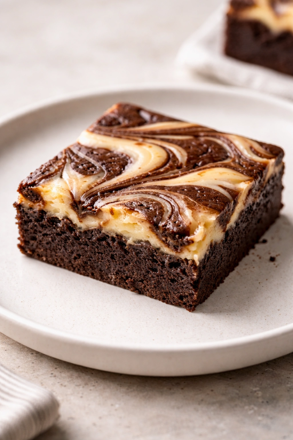 Brownie with cream cheese swirl on plate