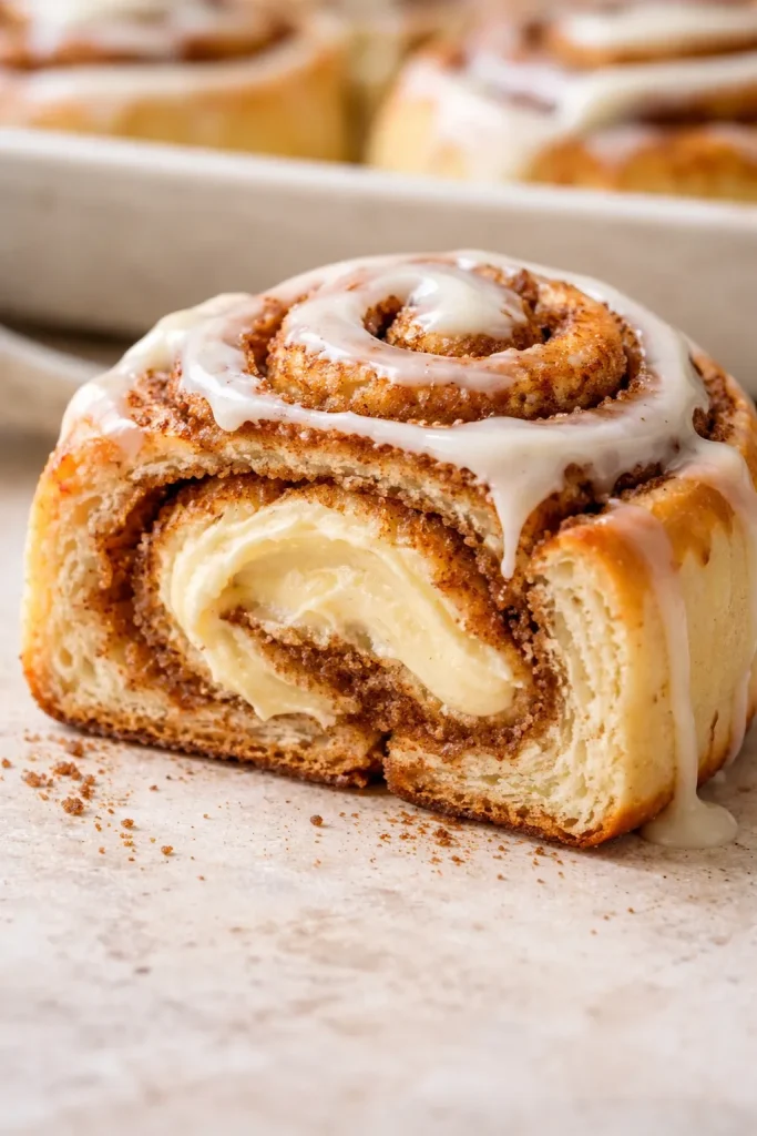 8 Cinnamon Roll Recipes Soft and Fluffy 6 Cross-section of cream cheese stuffed cinnamon roll showing creamy center