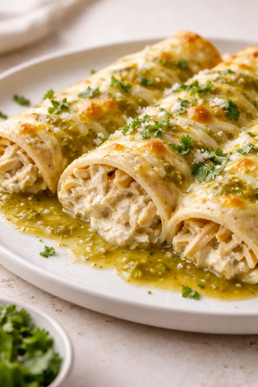 Enchilada cut to show creamy filling with verde sauce on plate