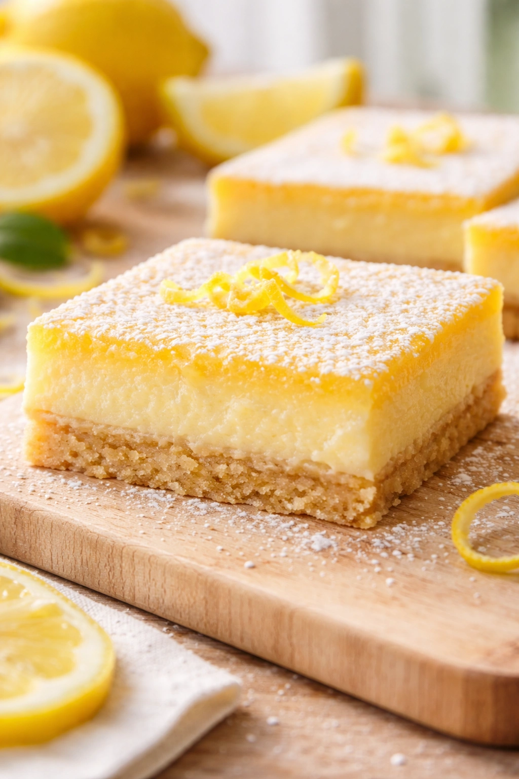 Close-up of a cream cheese lemon bar showing crust and filling on wood