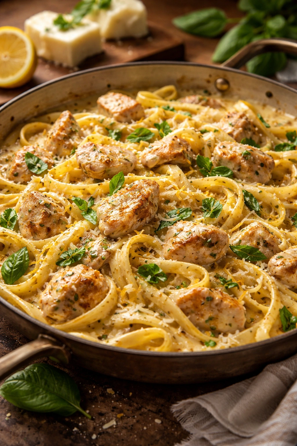 Creamy garlic parmesan chicken pasta with basil and lemon zest on a rustic plate