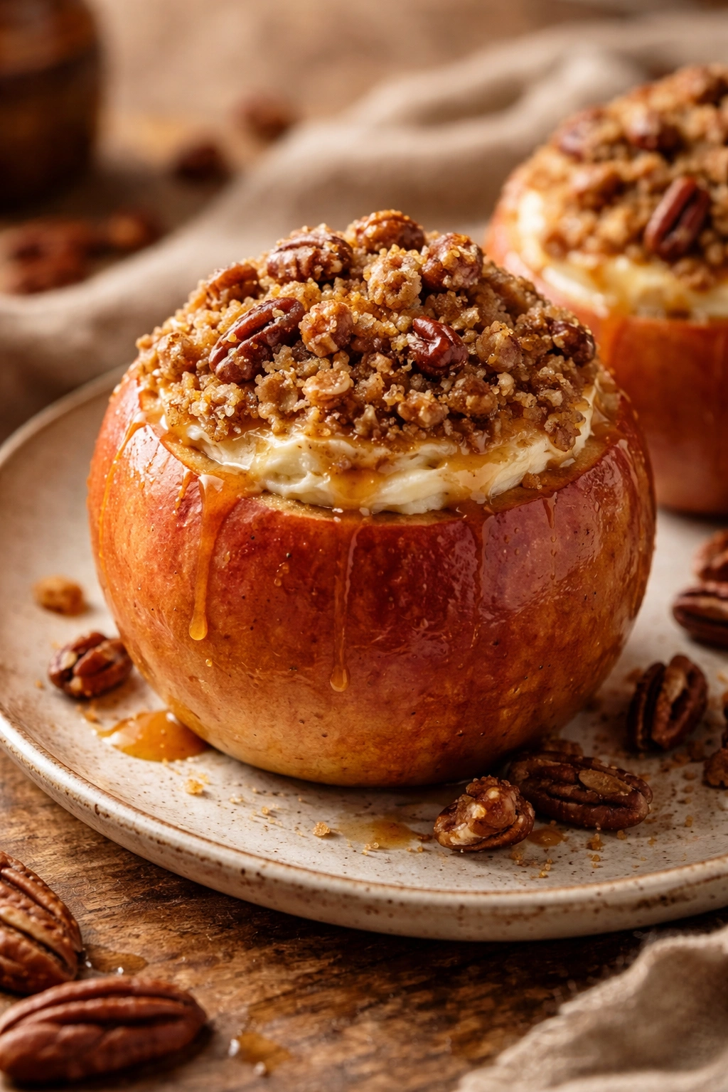 Baked apple with cream cheese filling and pecan streusel