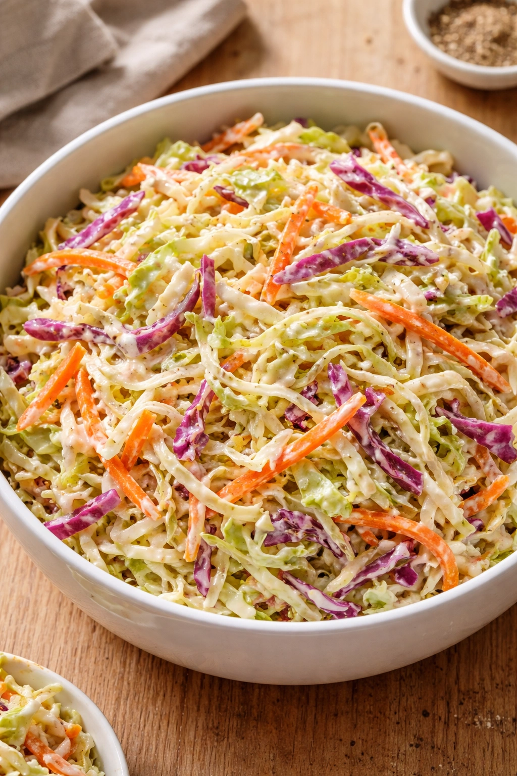 Close-up of creamy coleslaw with shredded cabbage and carrots in tangy dressing