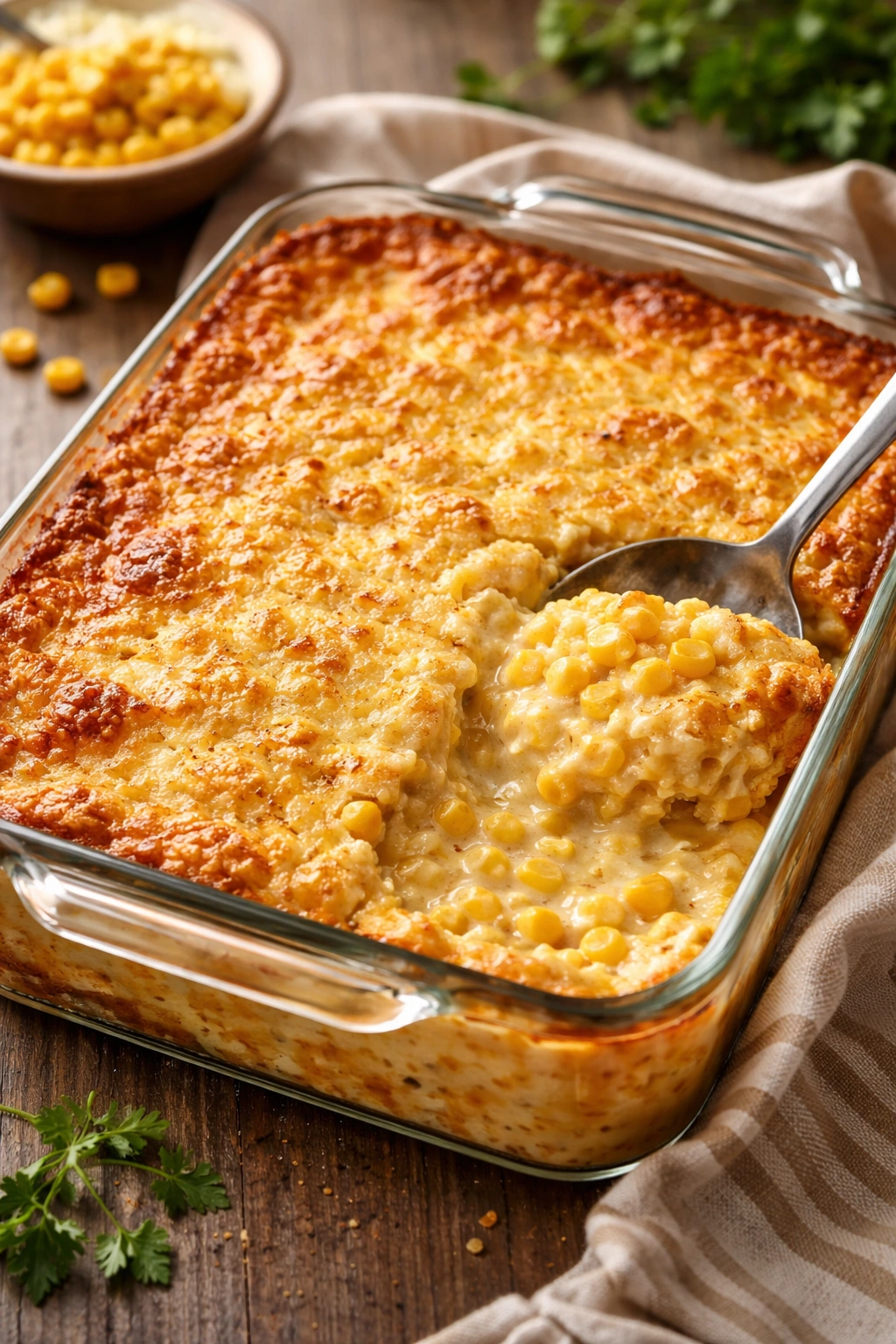 Close-up of creamy corn casserole with golden crust in a glass baking dish on a wooden counter
