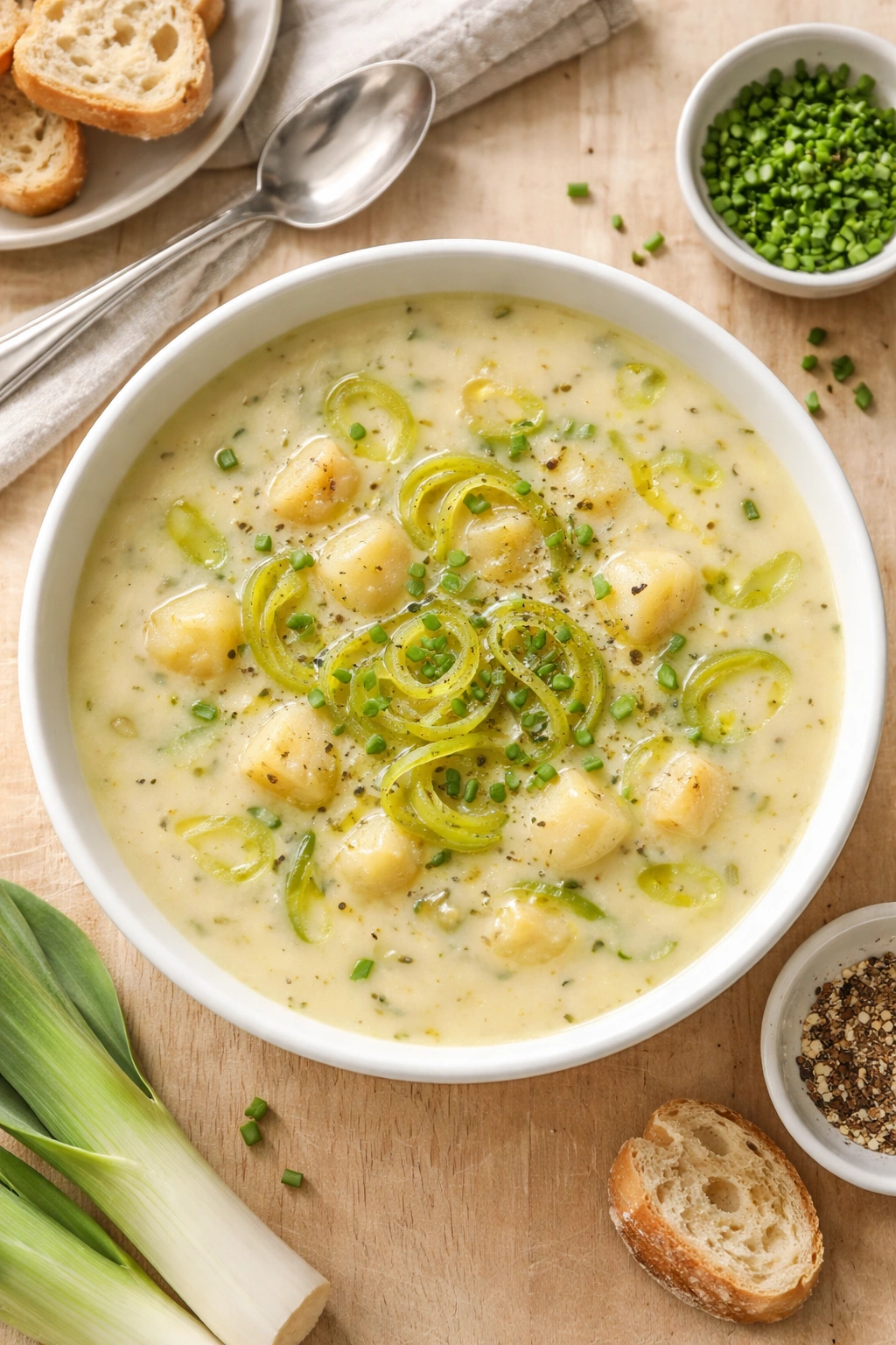 Silky potato and leek soup in a white bowl with leek ribbons