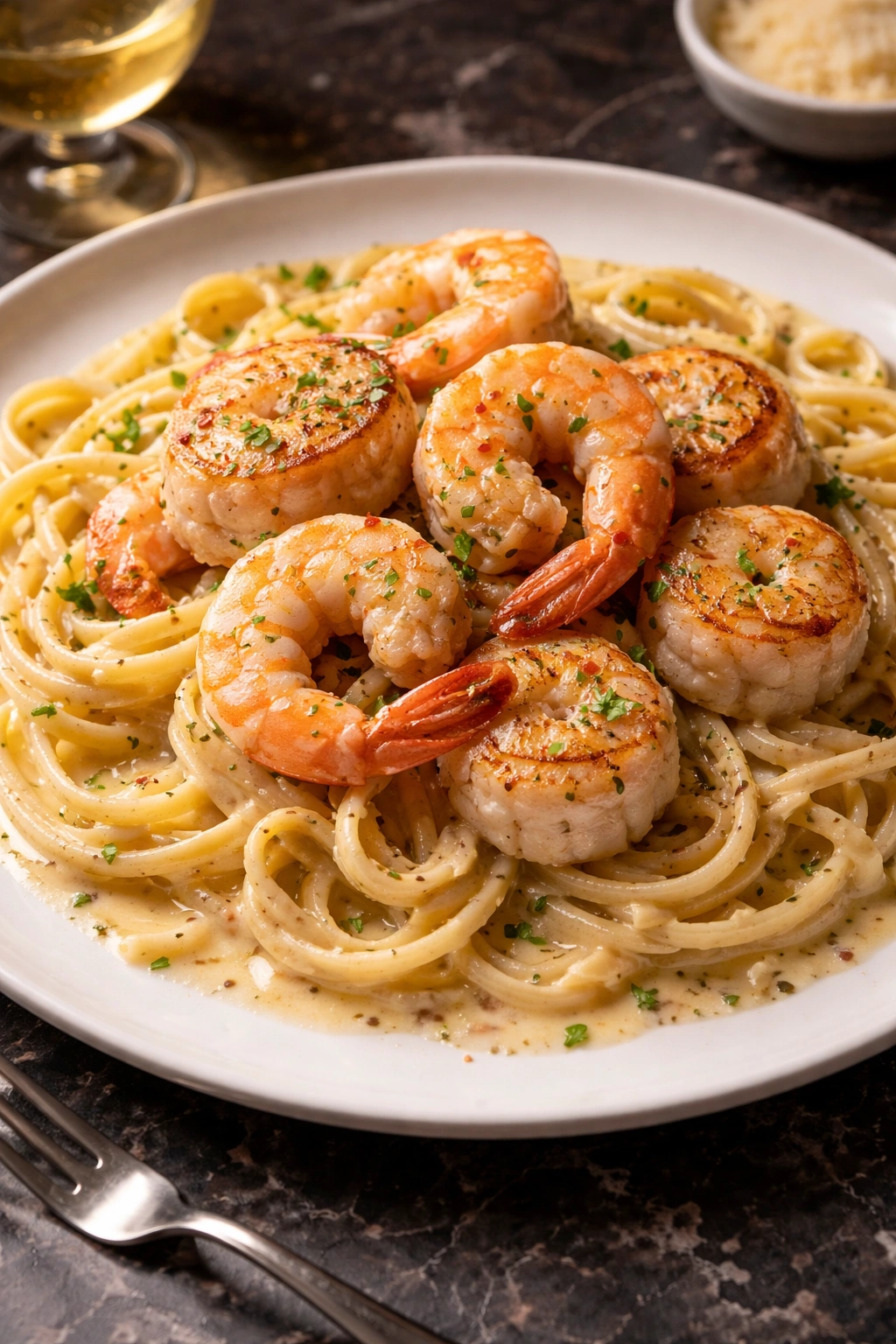 Creamy garlic shrimp and scallop pasta in a white wine reduction on a plate.