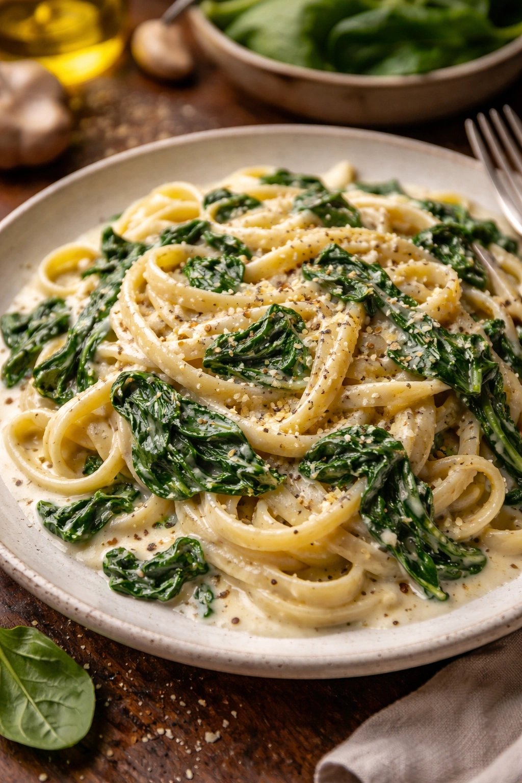 Creamy garlic spinach pasta on a plate with wilted spinach in silky sauce