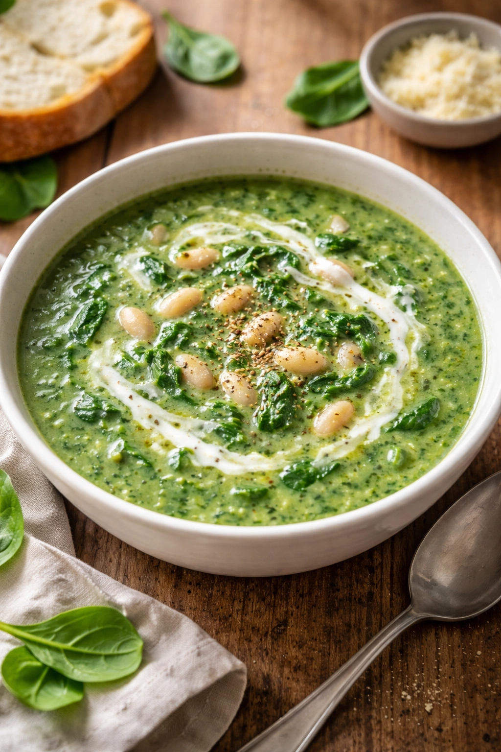 Creamy spinach soup with white beans in a bowl