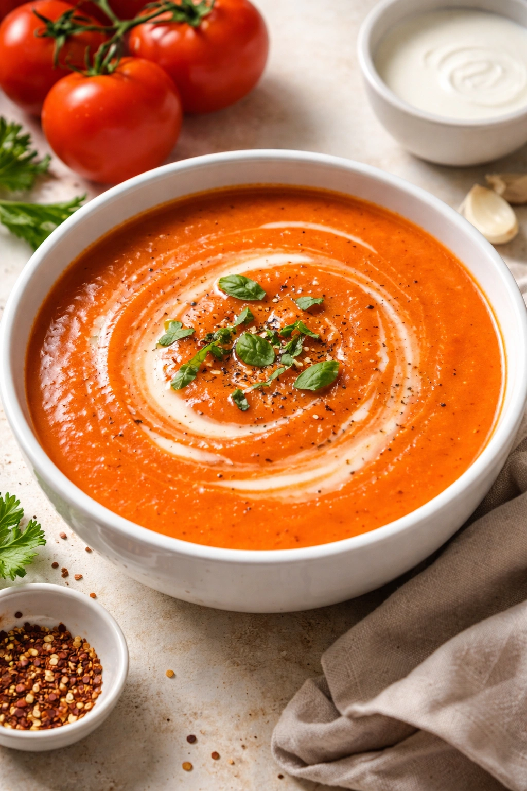 Close-up of Creamy Tomato Bisque in a bowl with a smooth surface and cream swirl