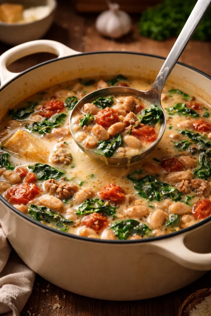 Creamy Tuscan white bean soup in a pot with greens