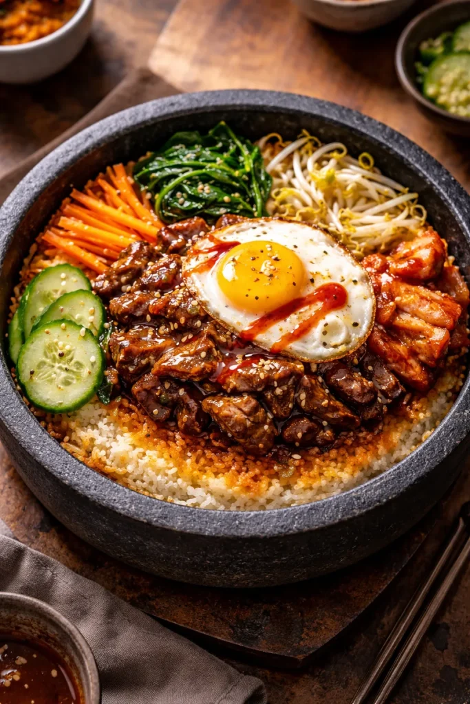 Crispy dolsot bibimbap with crusty rice and toppings