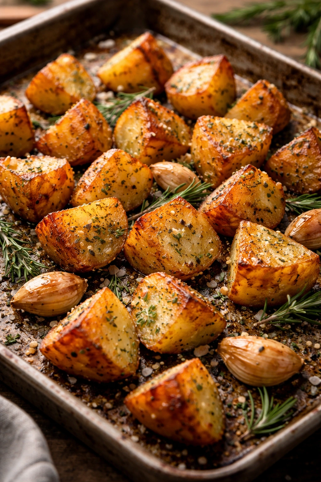 Close-up of crispy roasted potatoes with garlic and herbs