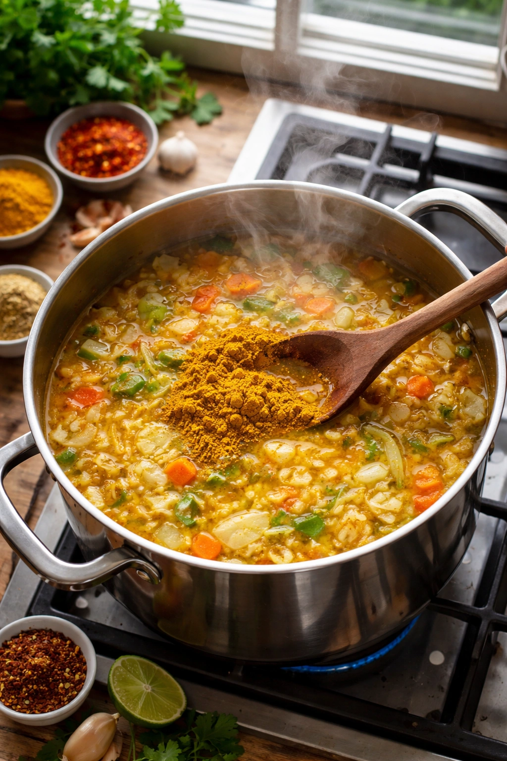 Cabbage soup turning curry-colored as curry powder is stirred in
