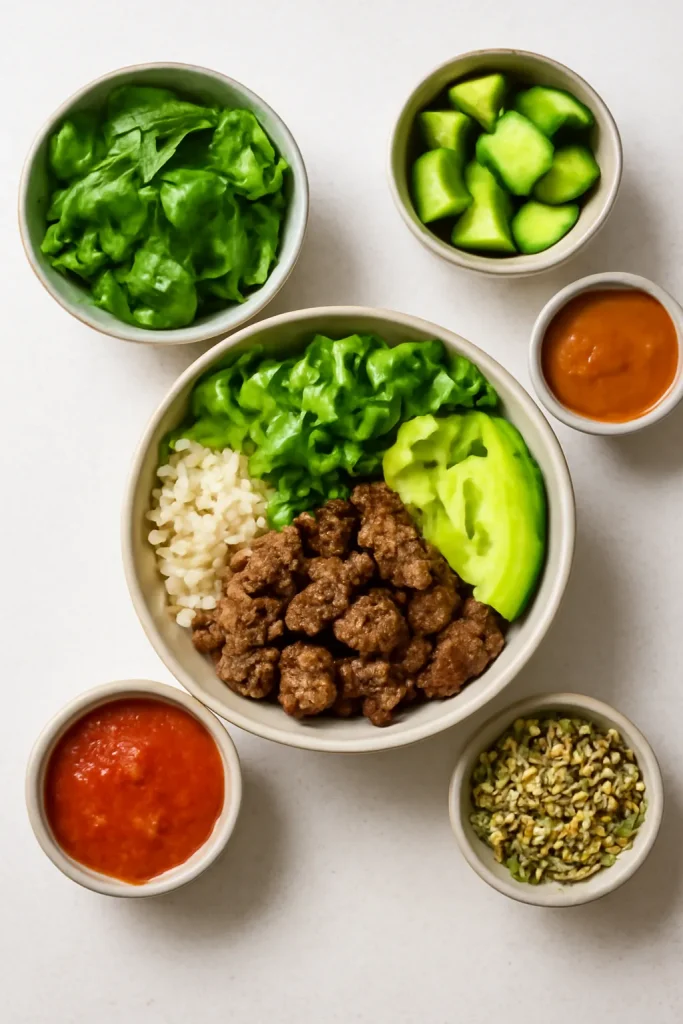 Easy Beef Meal Prep Bowls for Busy Weeks 11 Base bowl with diverse toppings arranged around it
