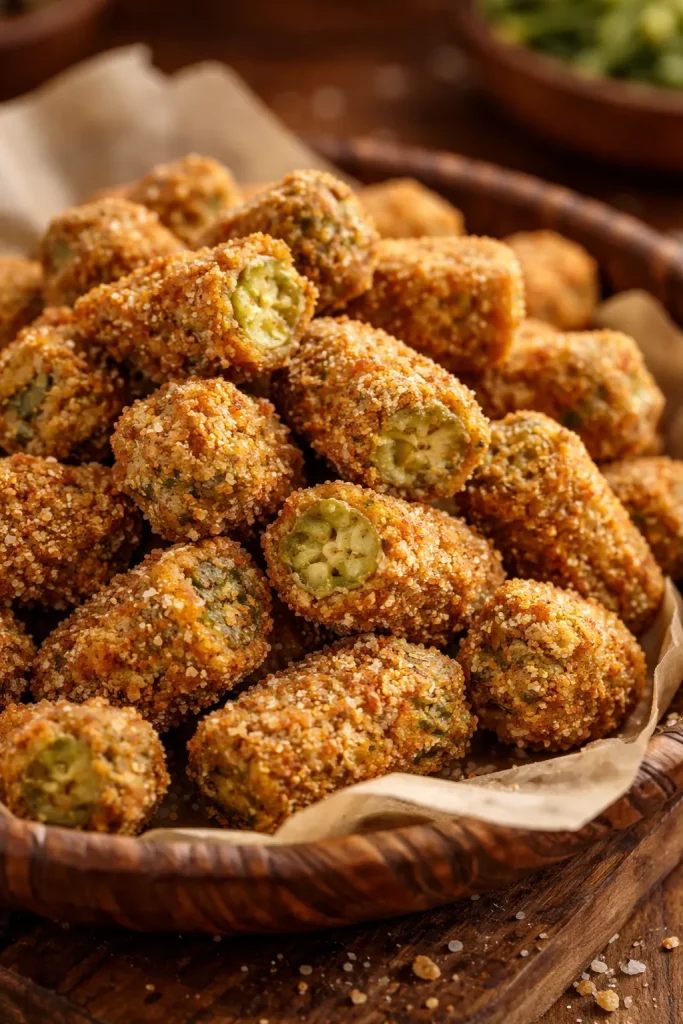 Close-up of Deep-Fried Okra with Triple Coating showing a thick golden crust on a rustic board