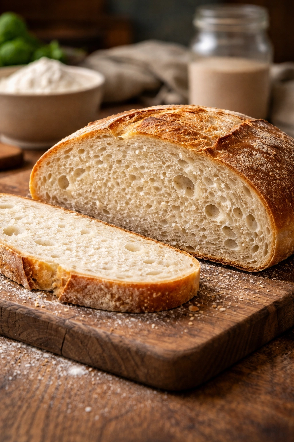 Sliced no-knead bread showing dense crumb interior