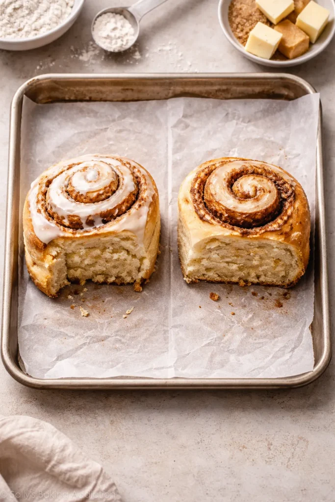8 Cinnamon Roll Recipes Soft and Fluffy 11 Two cinnamon rolls side by side, one fluffy, one dense and dry