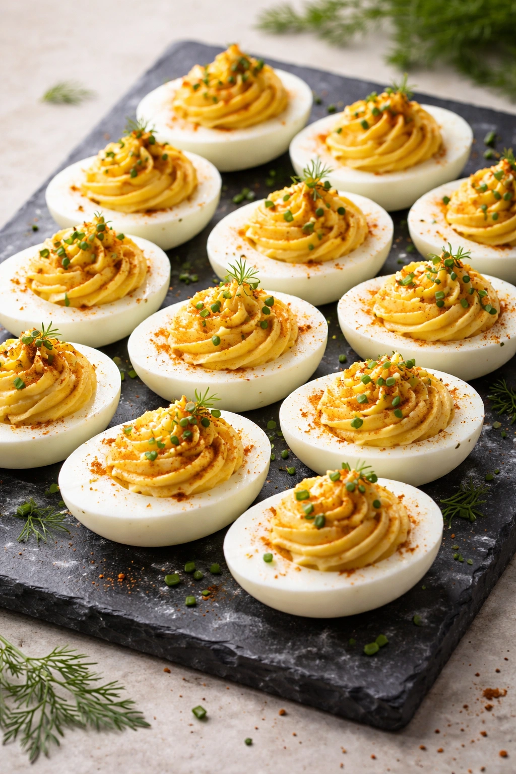 Deviled eggs arranged on a dark plate with creamy filling and garnish.