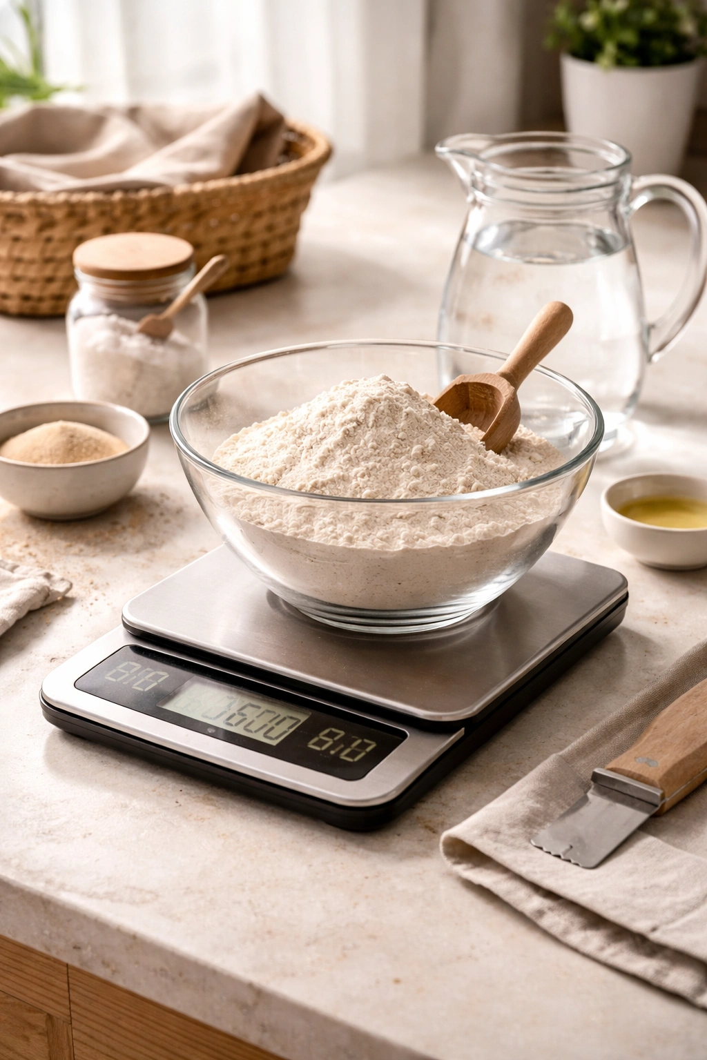 Close-up of a digital kitchen scale for precise bread measurements