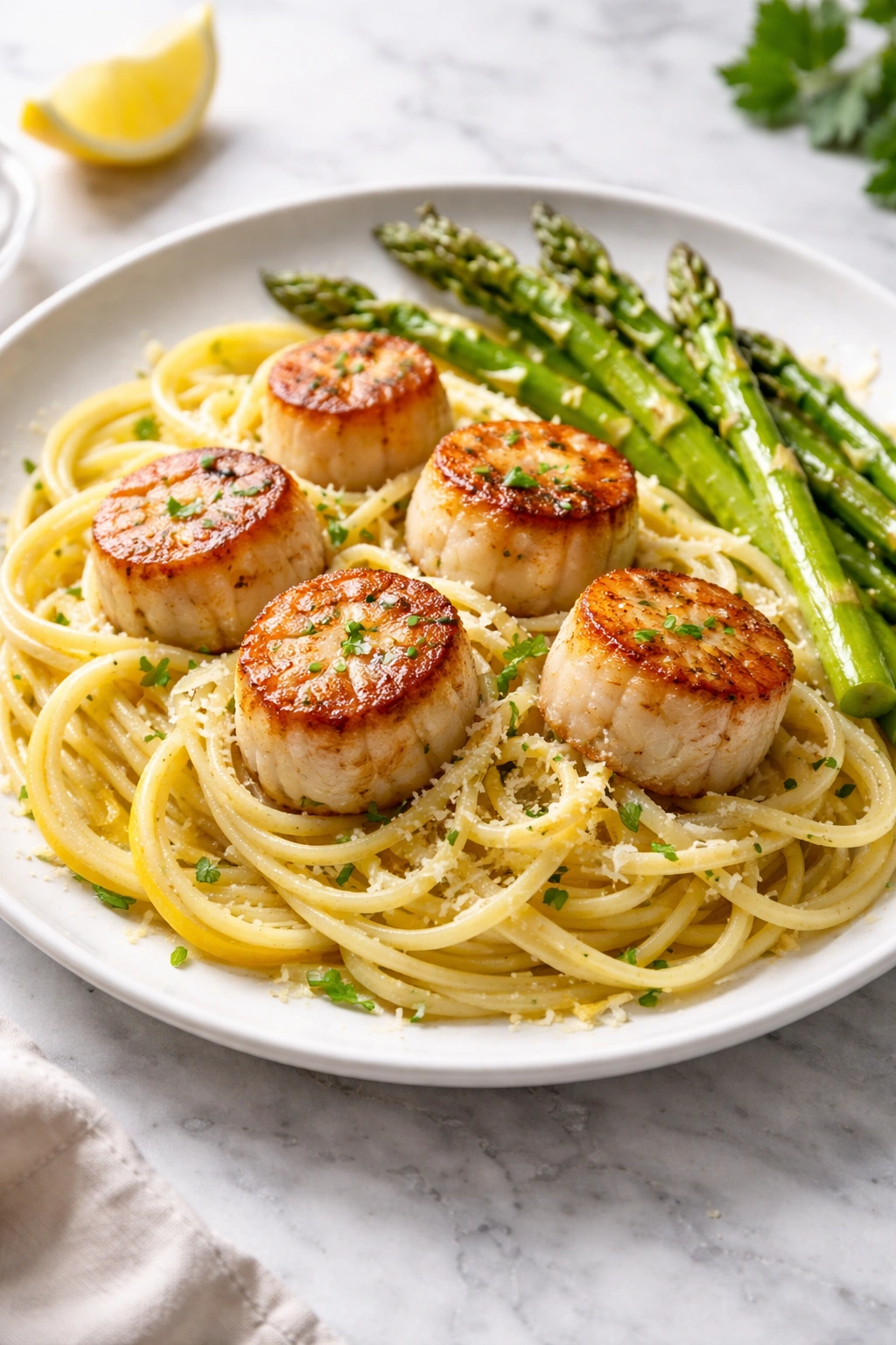 Diver scallops with lemon butter pasta and asparagus on a plate.