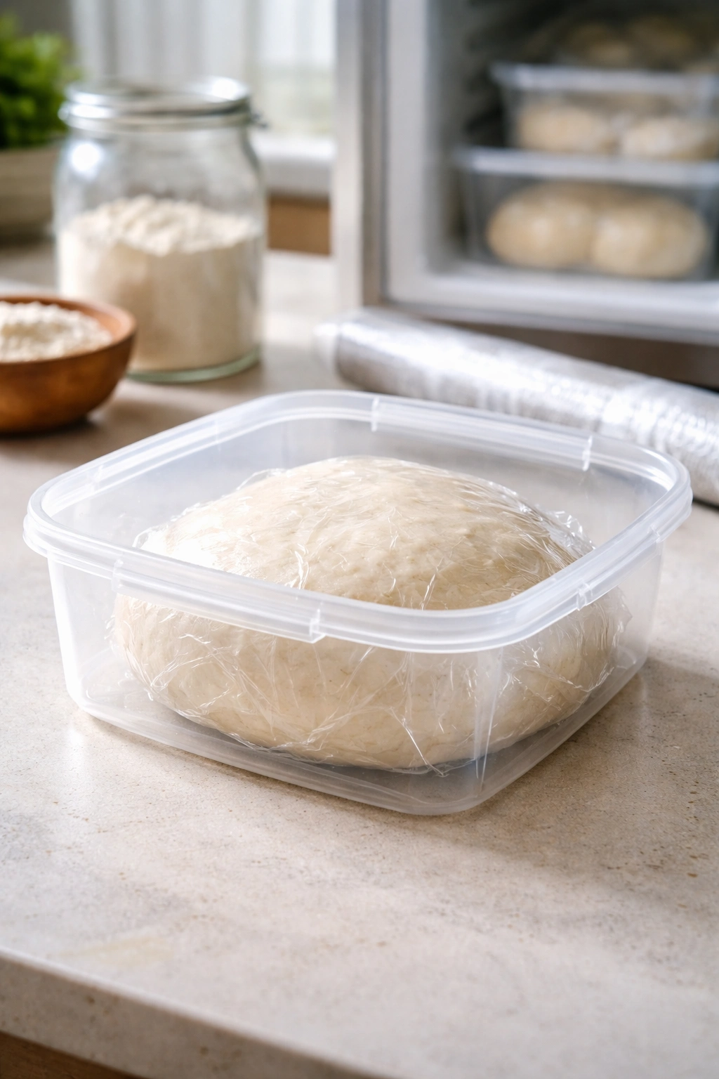 Dough ball in a plastic wrap wrapped container on a kitchen counter