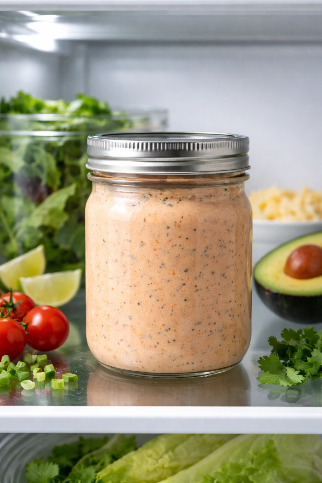 Jar of creamy taco salad dressing stored in refrigerator