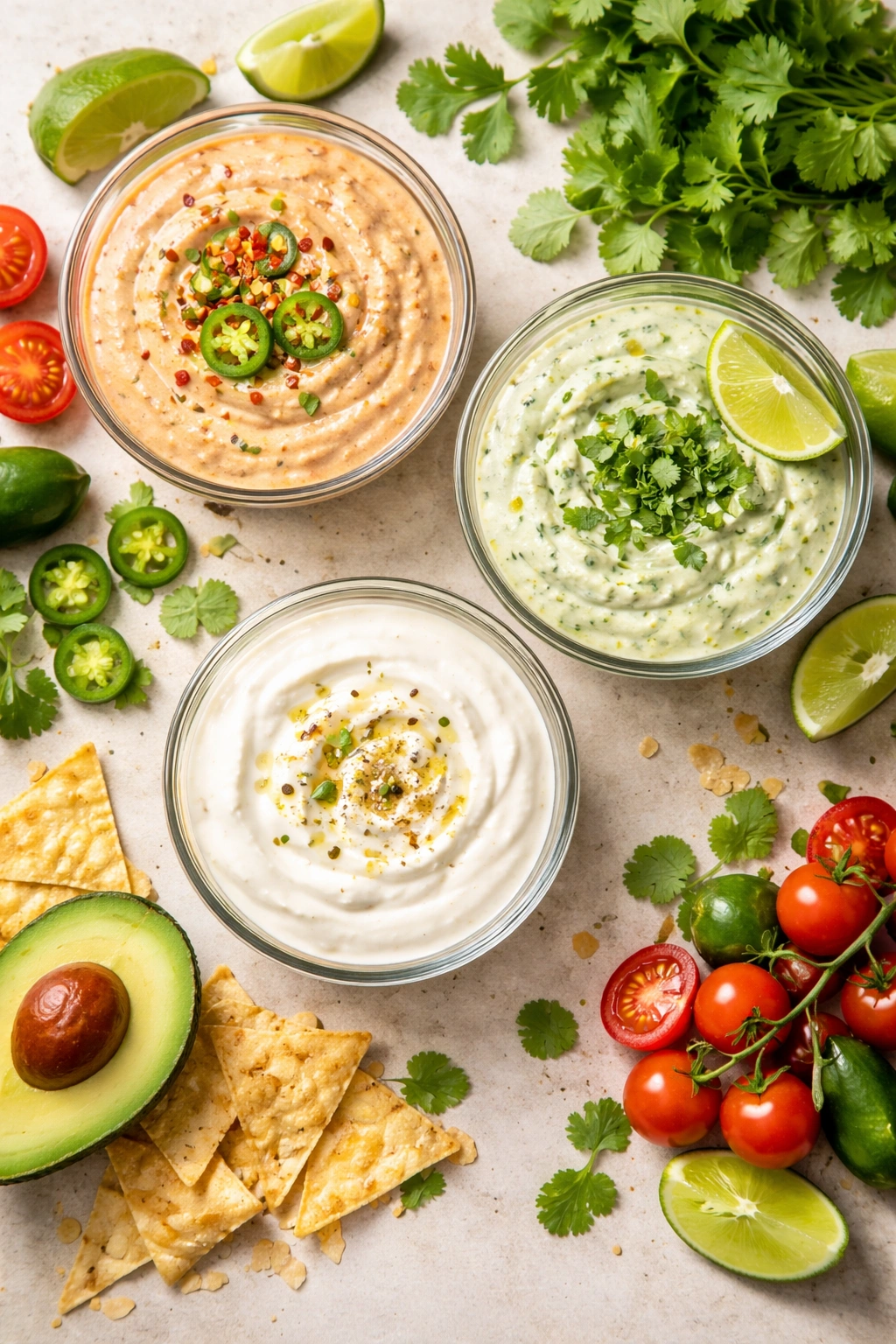 Creamy dressing in a glass bowl with color gradient hinting at spice and crema variations