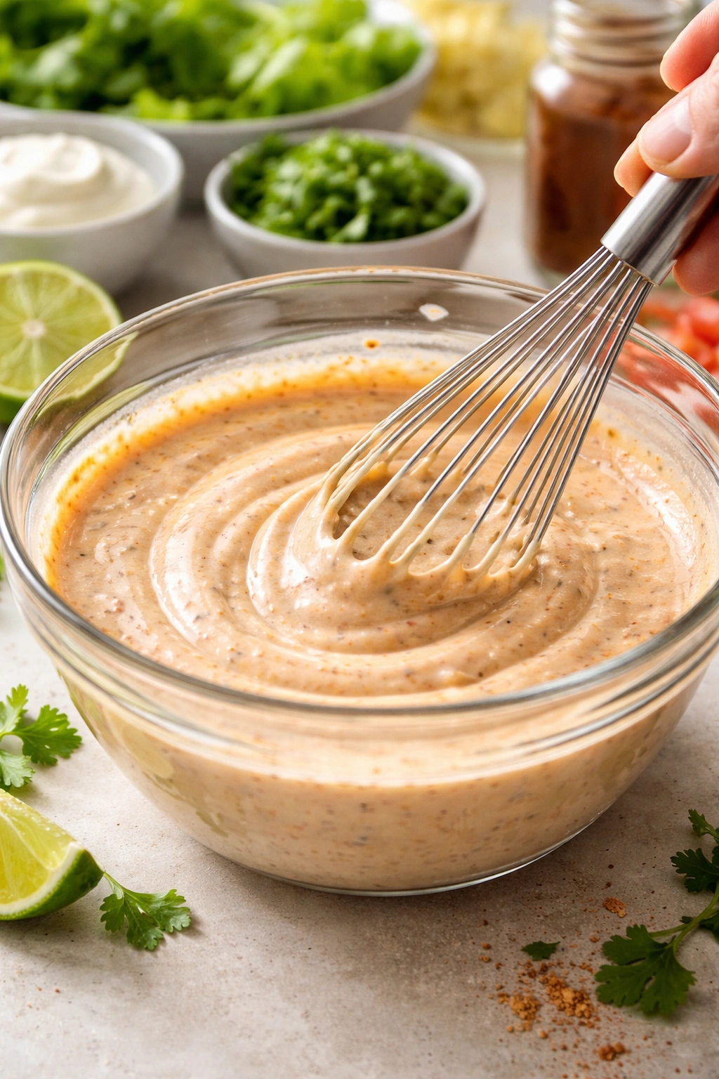 Whisk blending creamy dressing in a bowl
