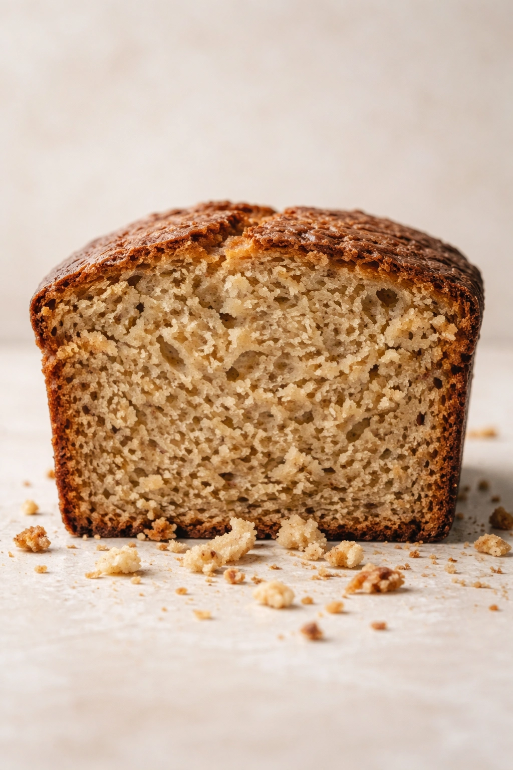 Dry banana bread slice showing dense crumb and dark crust
