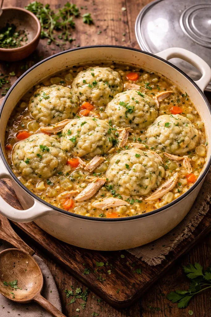 Close-up of Dutch Oven Chicken and Dumplings with dumplings and chicken in broth