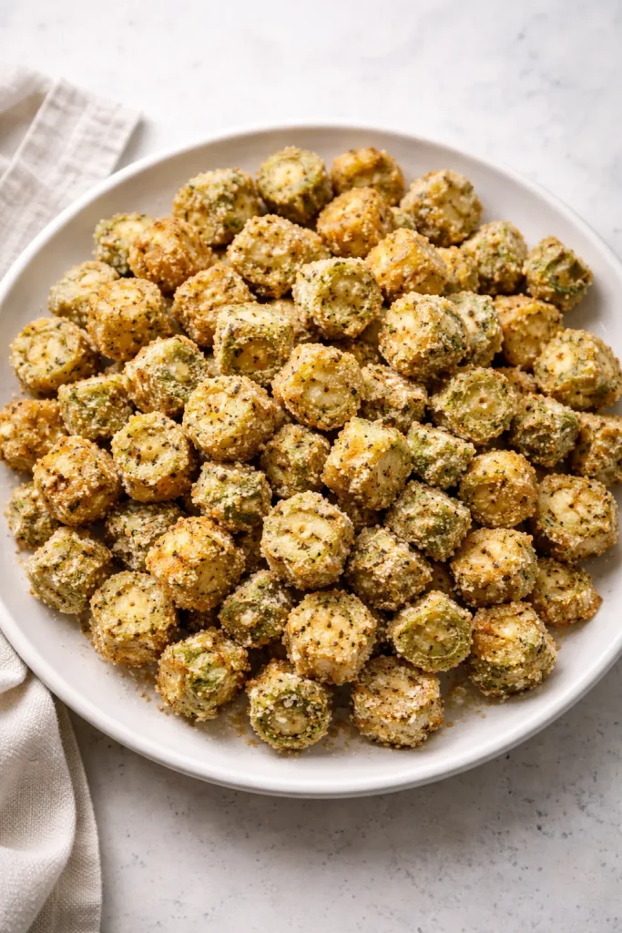Delicate egg-free fried okra with white cornmeal crust on plate