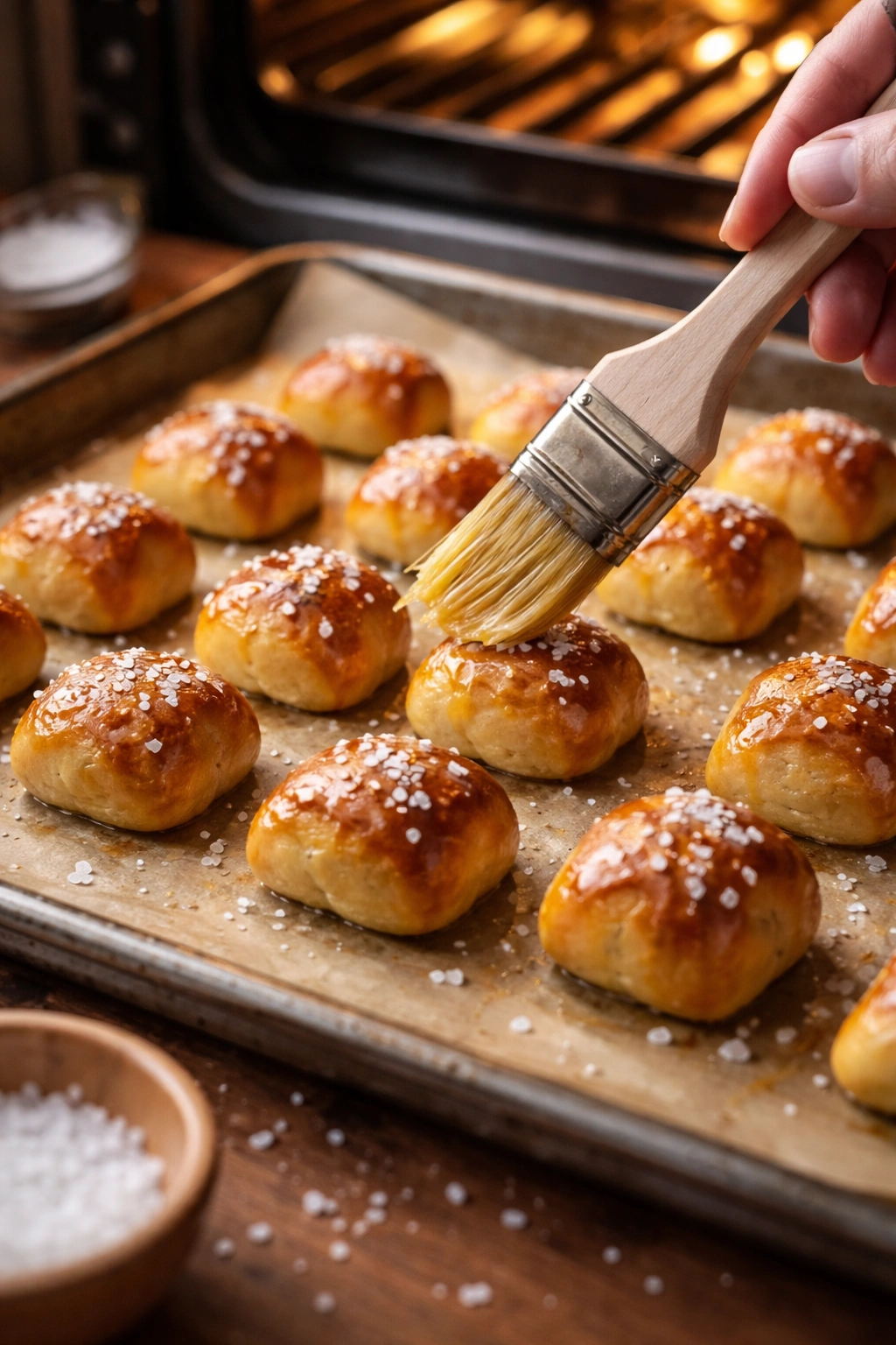 Pretzel bites being brushed with egg wash before baking