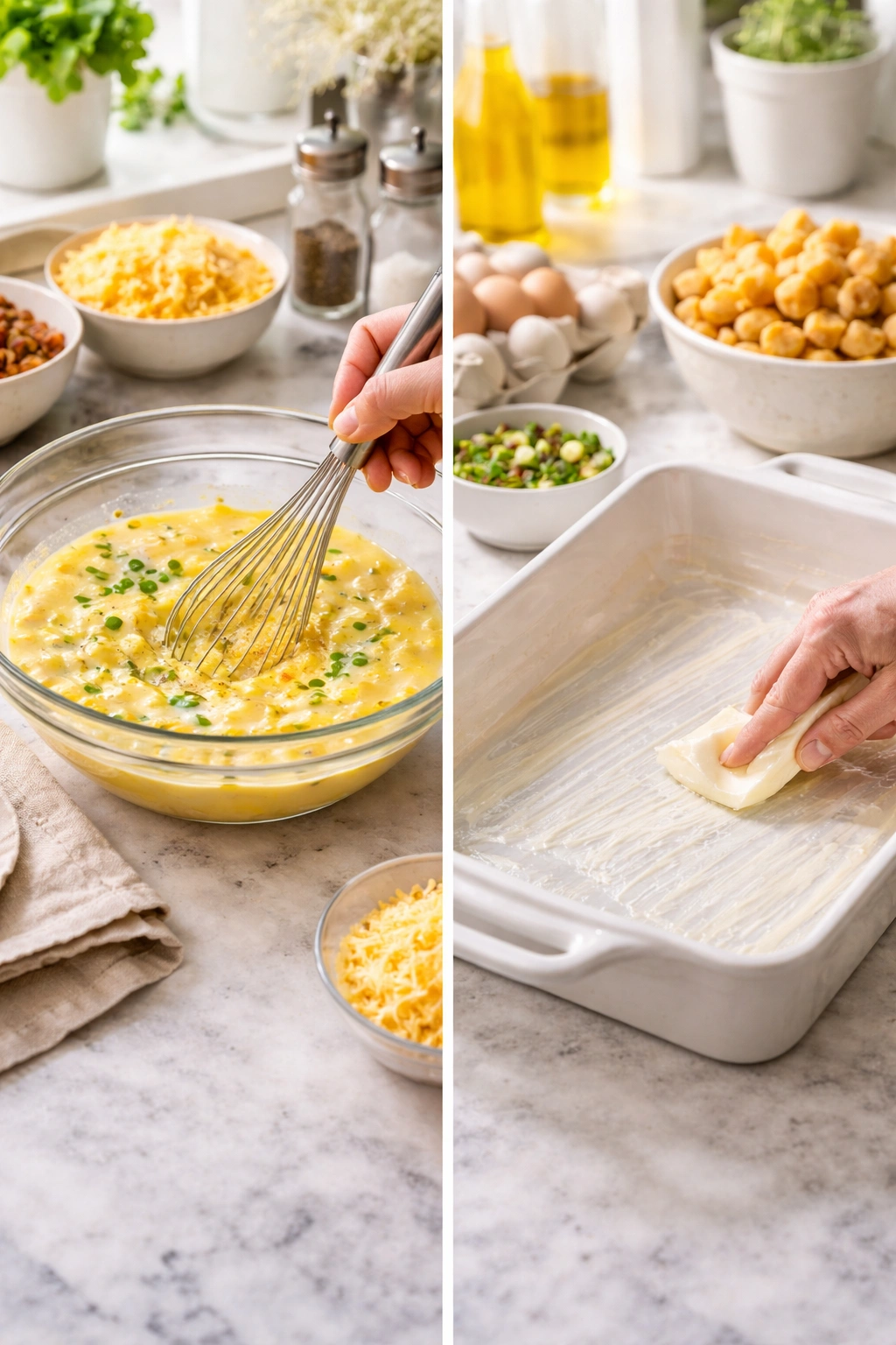 Hands whisking eggs in a bowl and butter being spread on a baking dish.