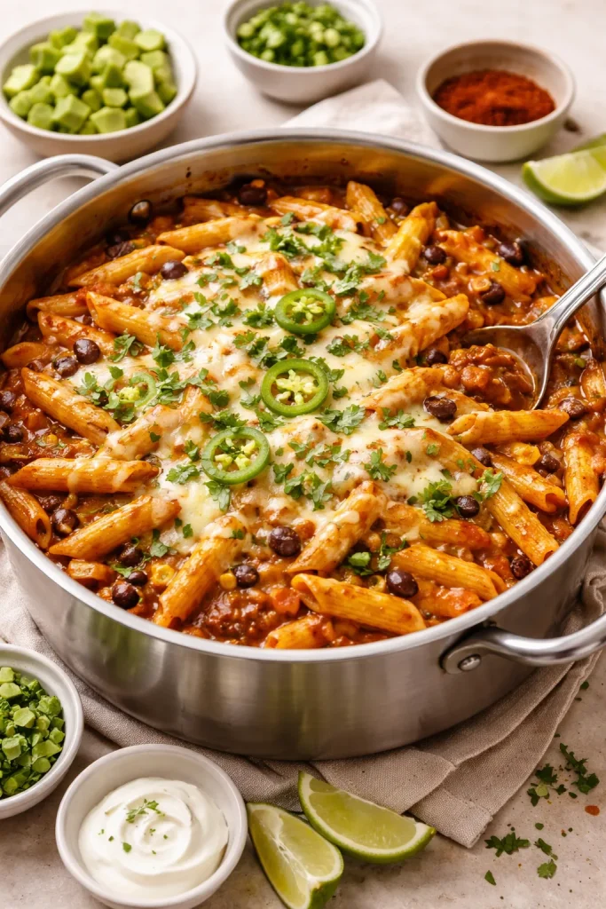Penne pasta in red enchilada sauce with beans and peppers, melted pepper jack