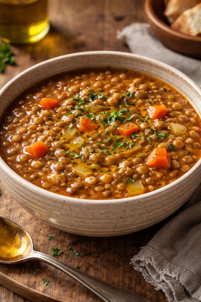Lentil soup in a rustic bowl with lentils and vegetables