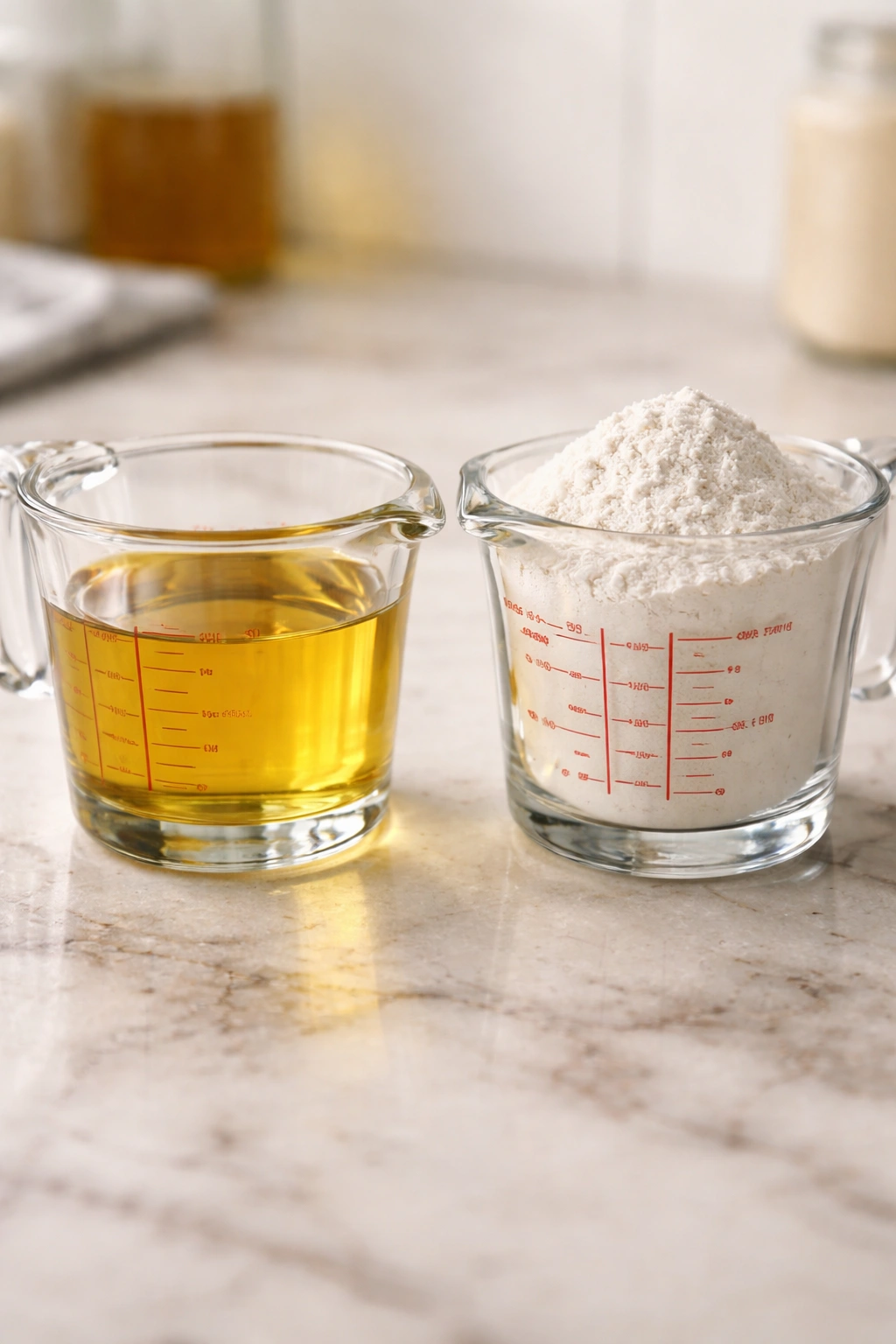 Oil and flour measuring cups highlighting fat-to-flour ratio